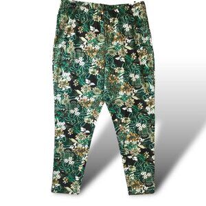 Roaman's Leggings Womens 1X Black/Green Floral Print Stretch Pull-On Pants NWOT